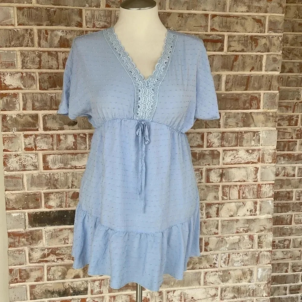 Shein‎ Light Blue Dotted Swiss Ruffle Lace Dress